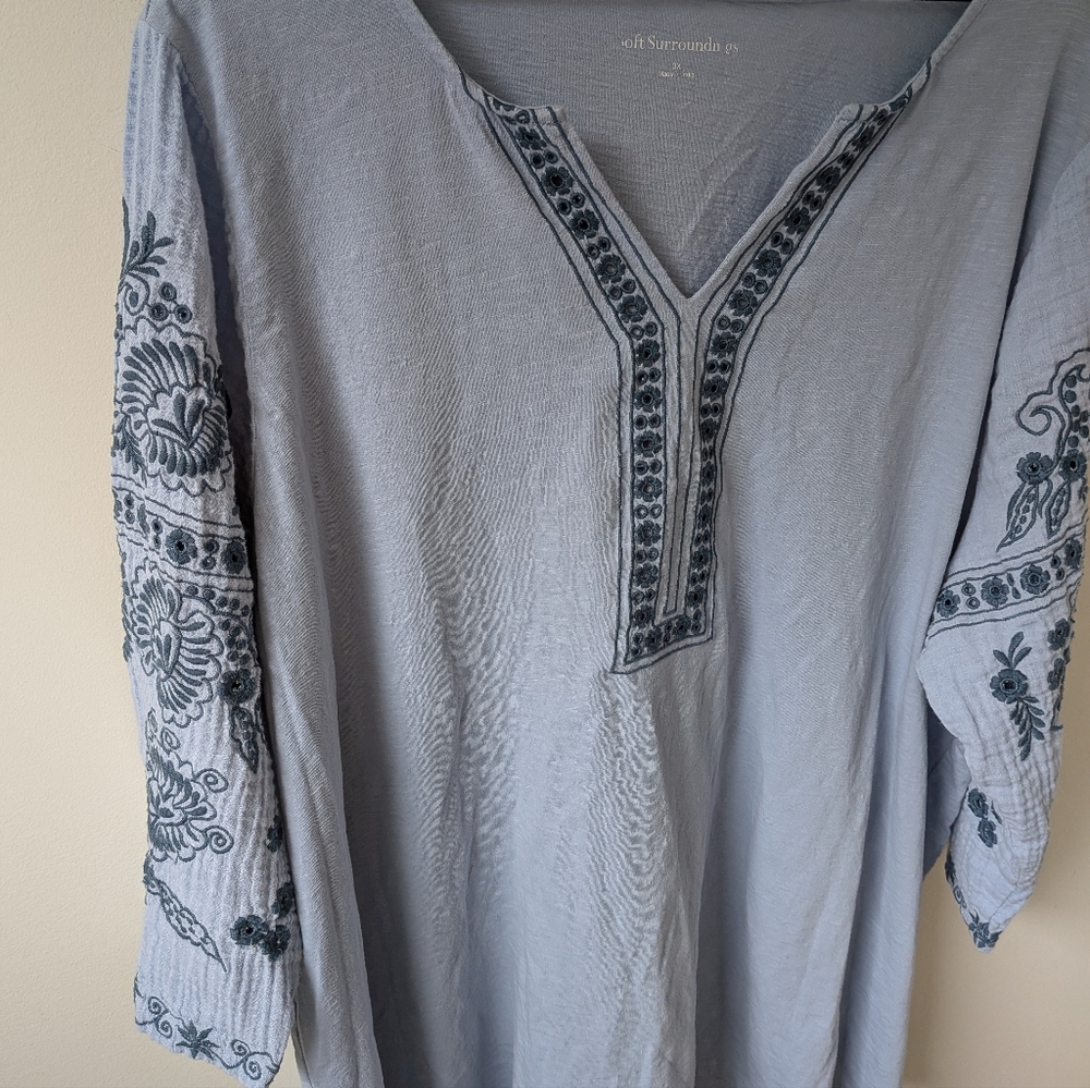 Soft Surroundings Women's Blue Boho Embroidered Split Neck Blouse 3/4 Sleeve 3X - Picture 2 of 7